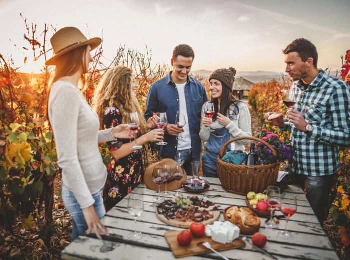 Five people enjoying wine and snacks at a vineyard, standing around a picnic table at sunset.