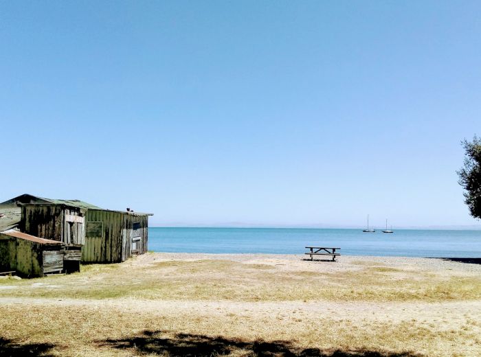 An old wooden shed by a beach, with a tree on the right, a bench, and two boats in the distance under a clear blue sky.
